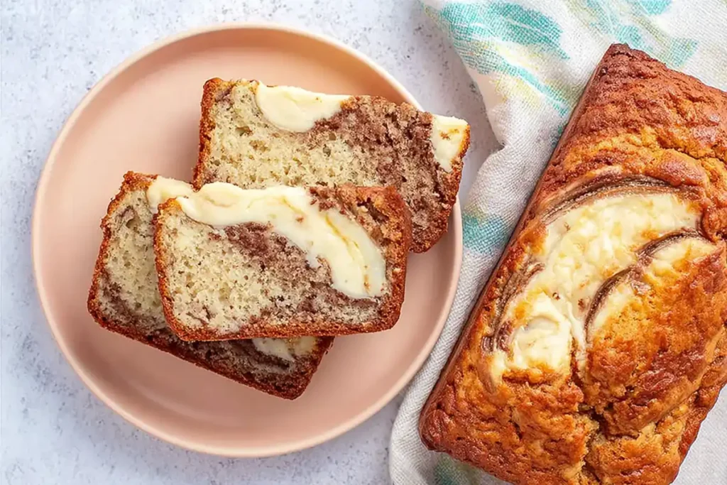 Cheese banana bread loaf with creamy swirl slices on a ceramic plate