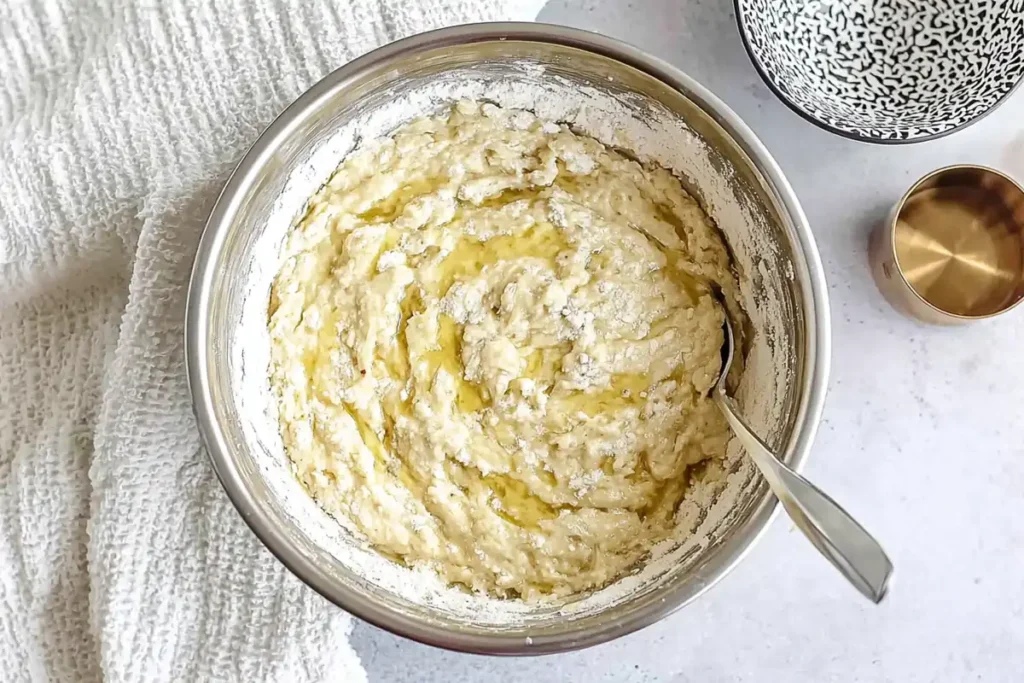 Cheese banana bread batter with flour folded into mashed bananas