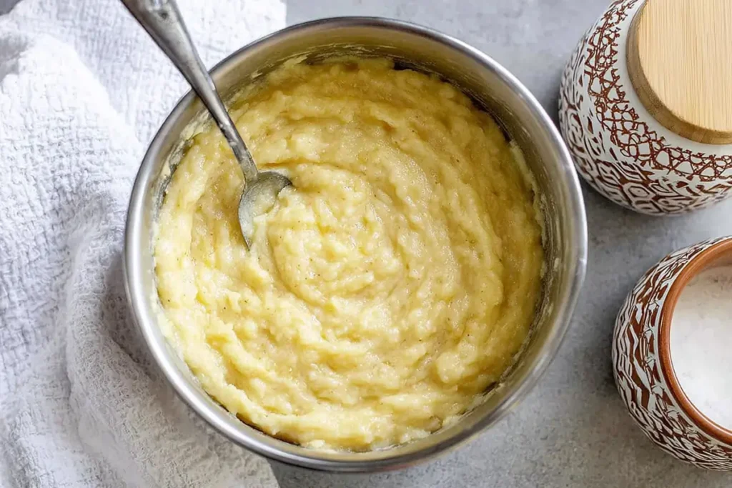 Cheese banana bread banana batter in a metal mixing bowl