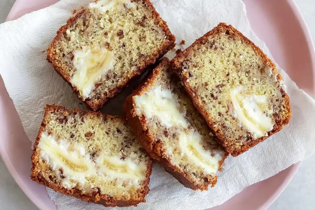 Sliced cheese banana bread showing cream cheese swirl in the crumb