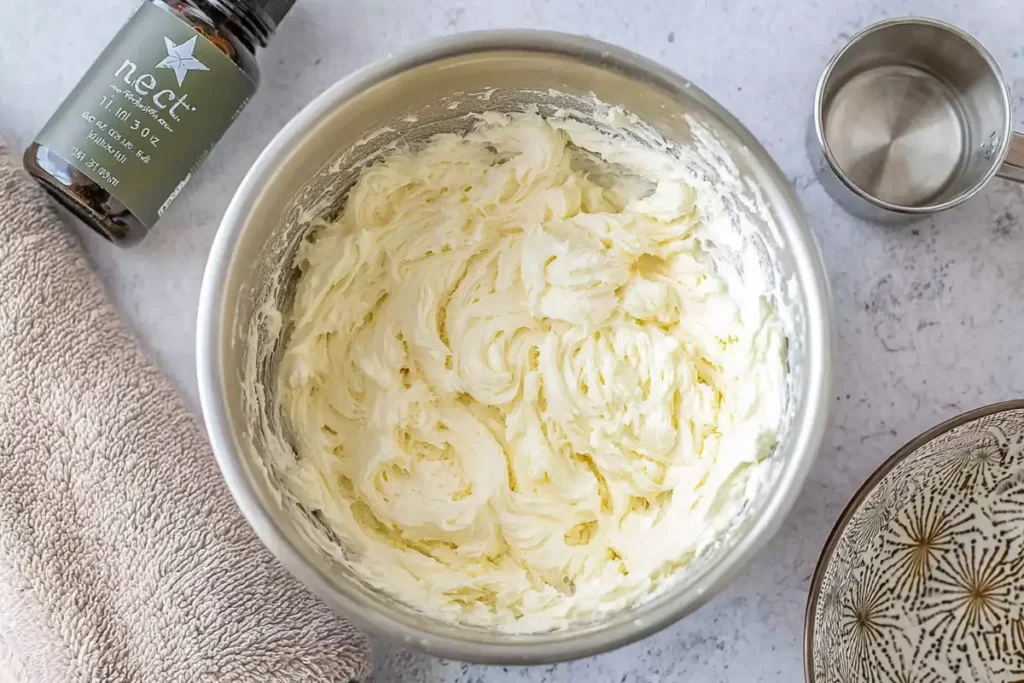 Smooth cream cheese filling for cheese banana bread in a metal bowl