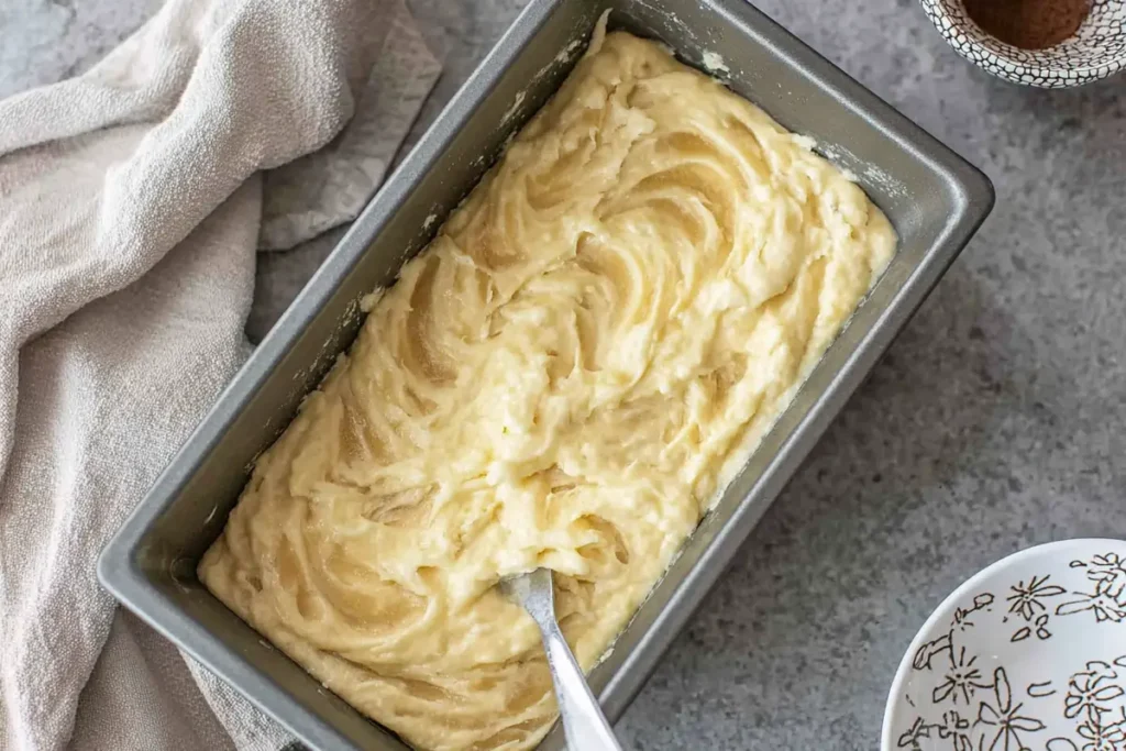 Swirled cheese banana bread batter ready to bake in a loaf pan