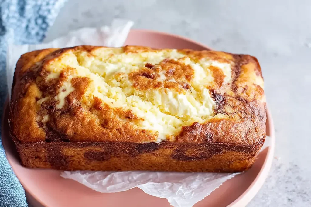 Cheese banana bread loaf with golden cream cheese swirls on parchment