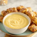 Warm homemade cheese dip for pretzels served fresh in a modern kitchen