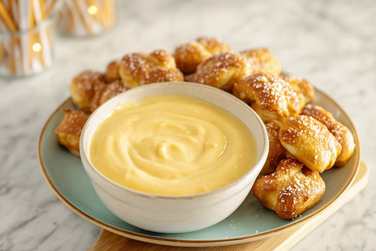 Warm homemade cheese dip for pretzels served fresh in a modern kitchen