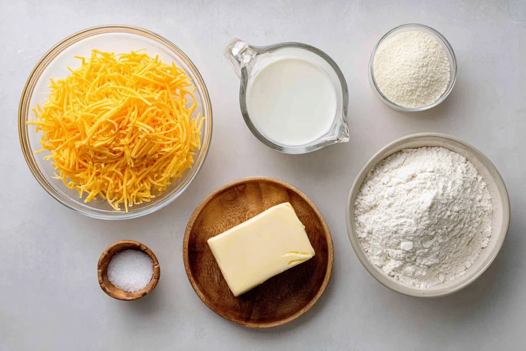 Ingredients for cheese dip for pretzels arranged in glass bowls