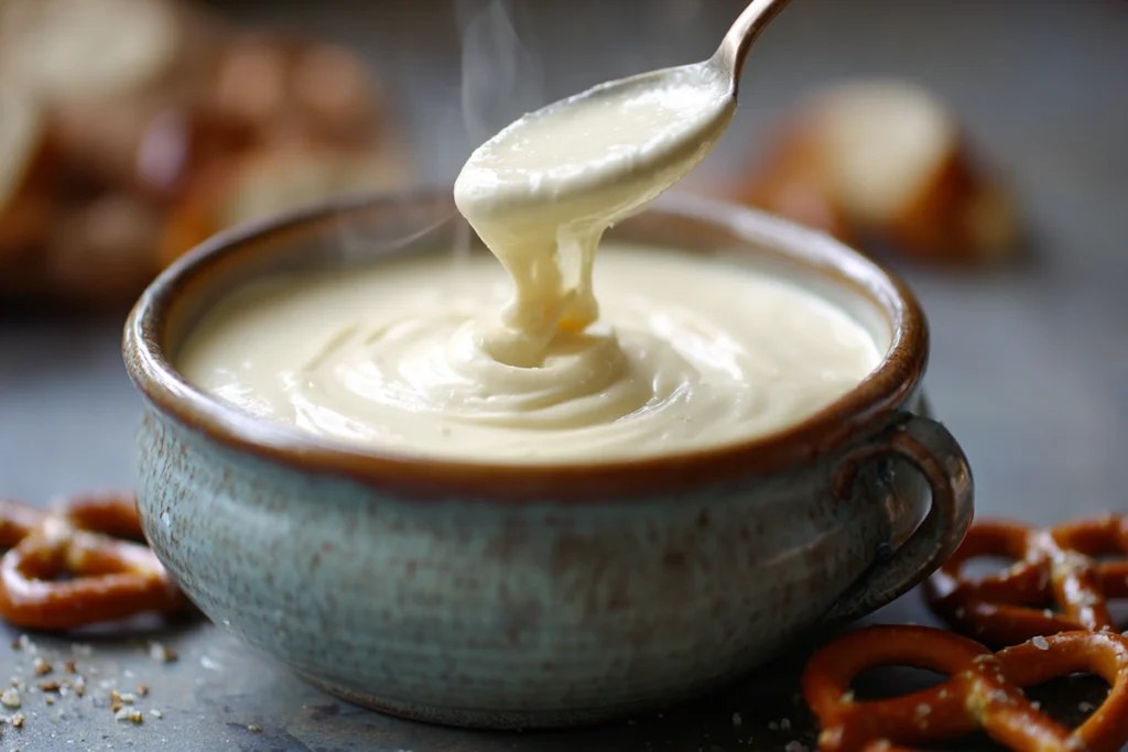 Warm cheese dip for pretzels just before serving