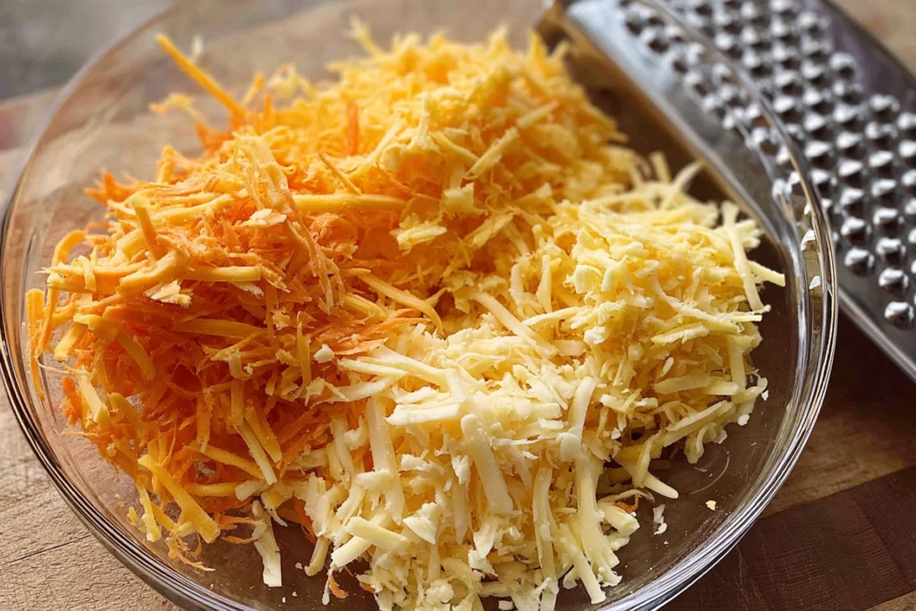 cheese savoury recipe showing freshly grated cheese and carrot