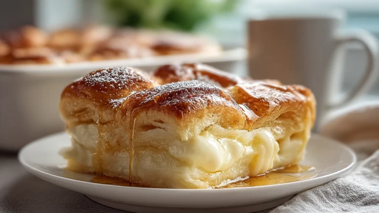 Cheesecake crescent rolls casserole with flaky golden top and creamy center