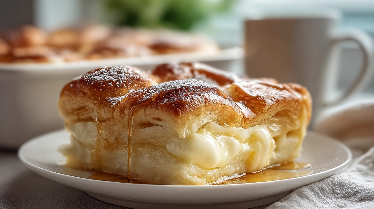 Cheesecake crescent rolls casserole with flaky golden top and creamy center