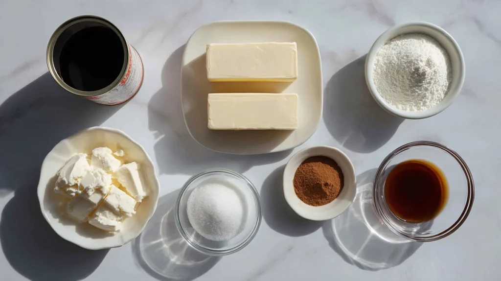 Ingredients for cheesecake crescent rolls casserole arranged on marble counter