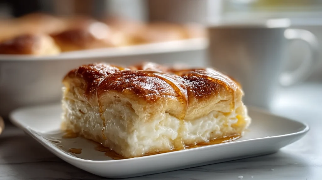 Served cheesecake crescent rolls casserole with flaky top and creamy filling