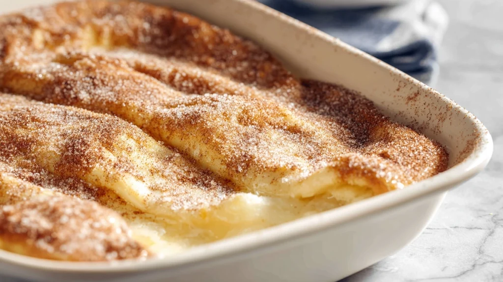 Cinnamon sugar topping on cheesecake crescent rolls casserole before baking