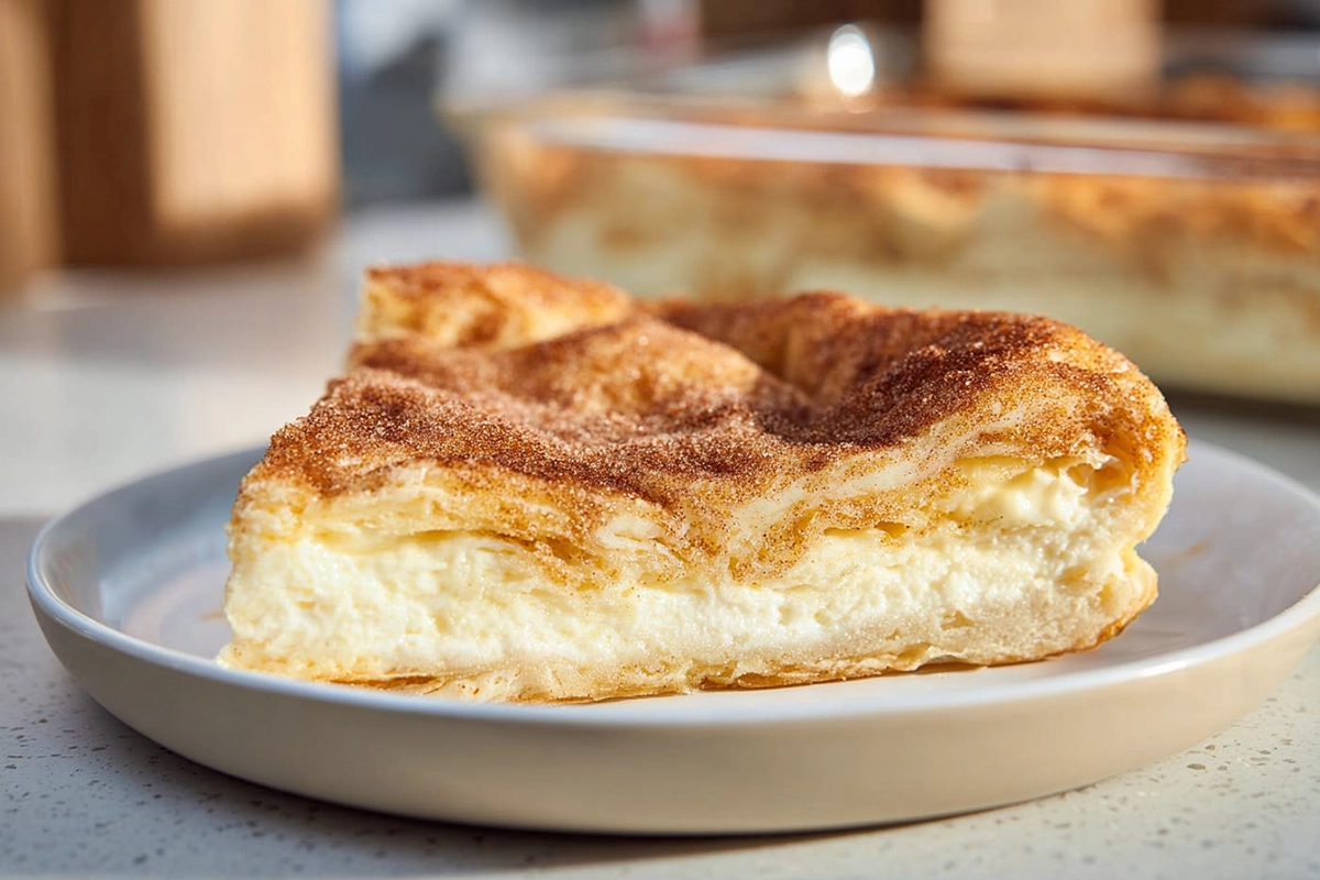 freshly baked cheesecake crescent rolls on a ceramic plate in a cozy kitchen
