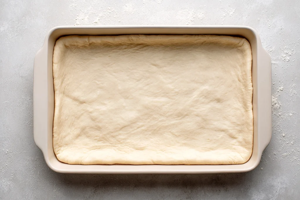 crescent roll dough pressed into a baking dish for cheesecake crescent rolls