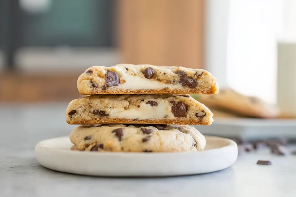 Cheesecake stuffed cookies broken open showing creamy cheesecake center