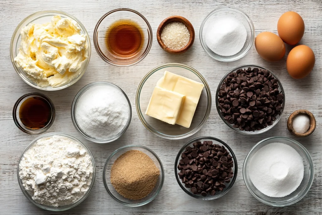 Ingredients for cheesecake stuffed cookies arranged neatly overhead