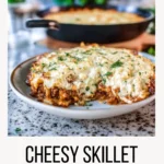 Cheesy skillet lasagna in a cozy modern home kitchen, plated, ingredients, and cooking steps