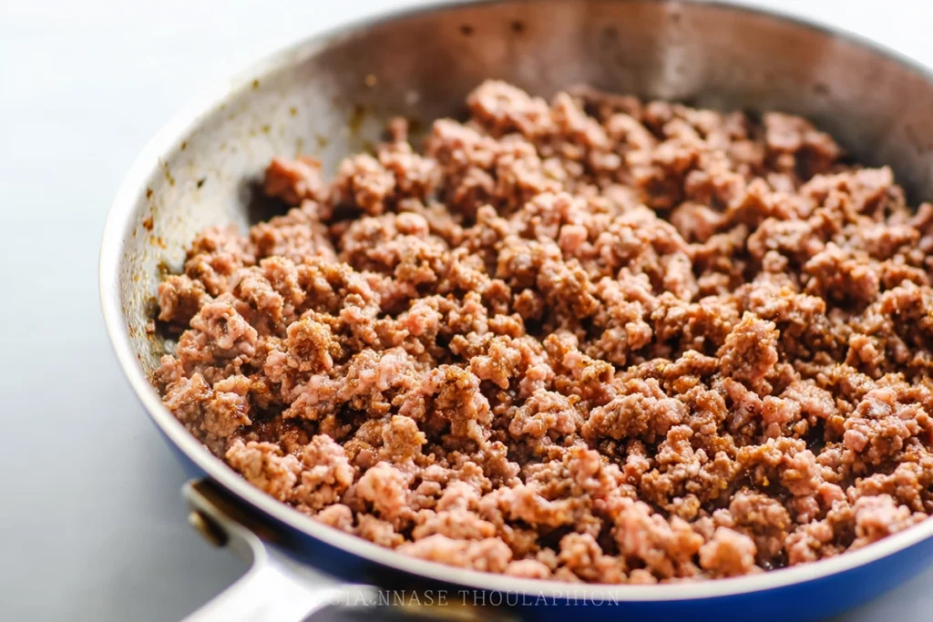 Cheesy Skillet Lasagna That Feels Like a Hug After a Long Day 8 Browning ground beef and Italian sausage in a skillet for cheesy skillet lasagna