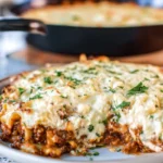 Cheesy skillet lasagna plated on a modern ceramic plate in a cozy home kitchen