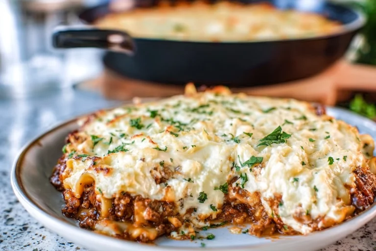 Cheesy skillet lasagna plated on a modern ceramic plate in a cozy home kitchen
