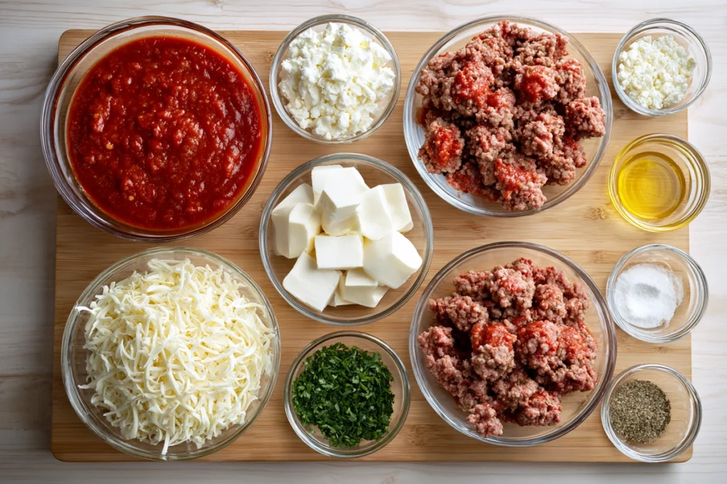 Cheesy Skillet Lasagna That Feels Like a Hug After a Long Day 7 Overhead view of all ingredients for cheesy skillet lasagna neatly arranged on a cutting board and in glass bowls