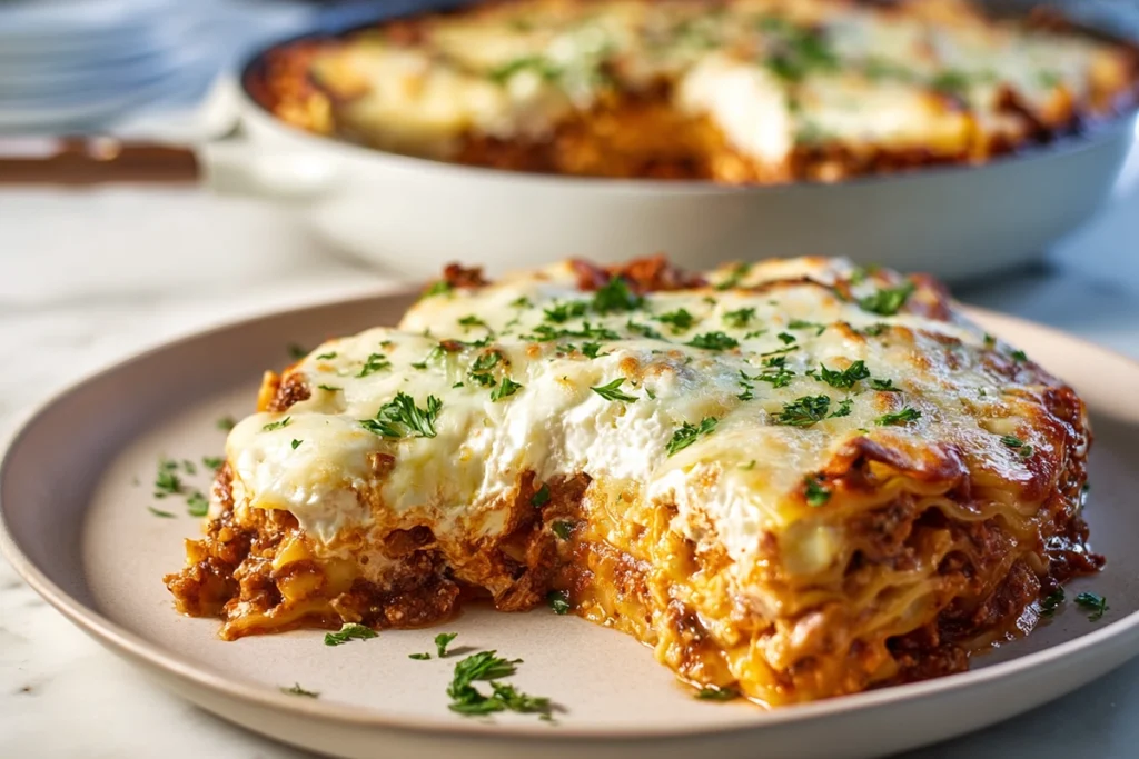 Cheesy Skillet Lasagna That Feels Like a Hug After a Long Day 10 Cheesy skillet lasagna on a modern plate with a cut portion showing melted layers