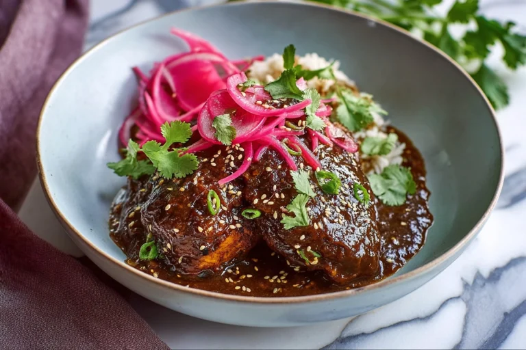 Chicken mole recipe with tender chicken thighs coated in rich dark mole sauce