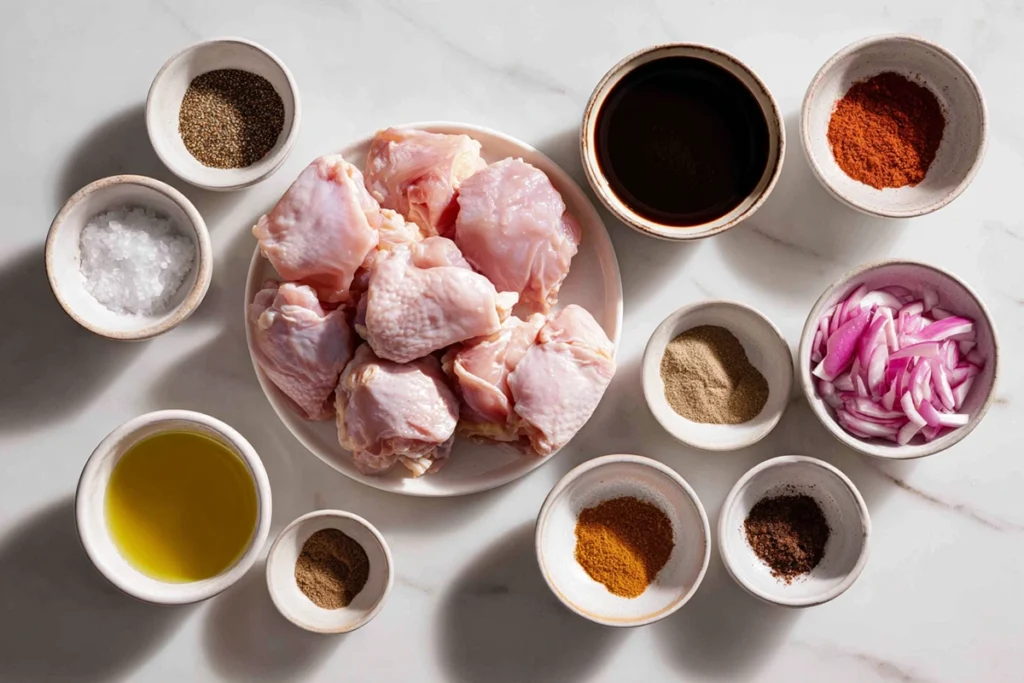 Ingredients for chicken mole recipe including chicken thighs, spices, and mole negro sauce