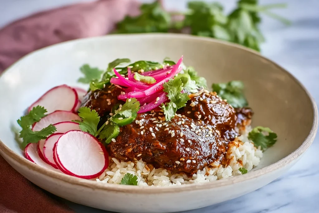 Chicken mole recipe served over Mexican rice with pickled onions