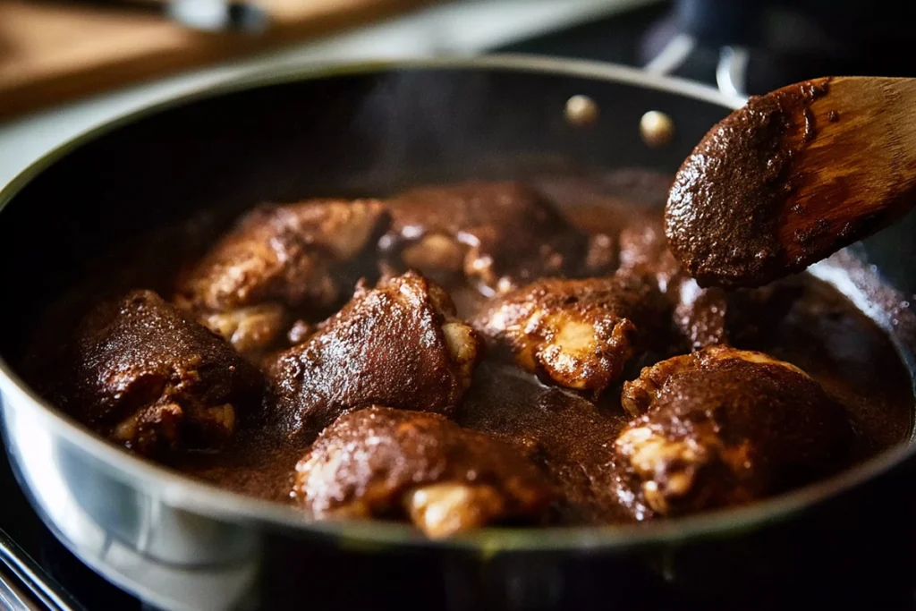 Chicken baking in rich mole sauce for chicken mole recipe