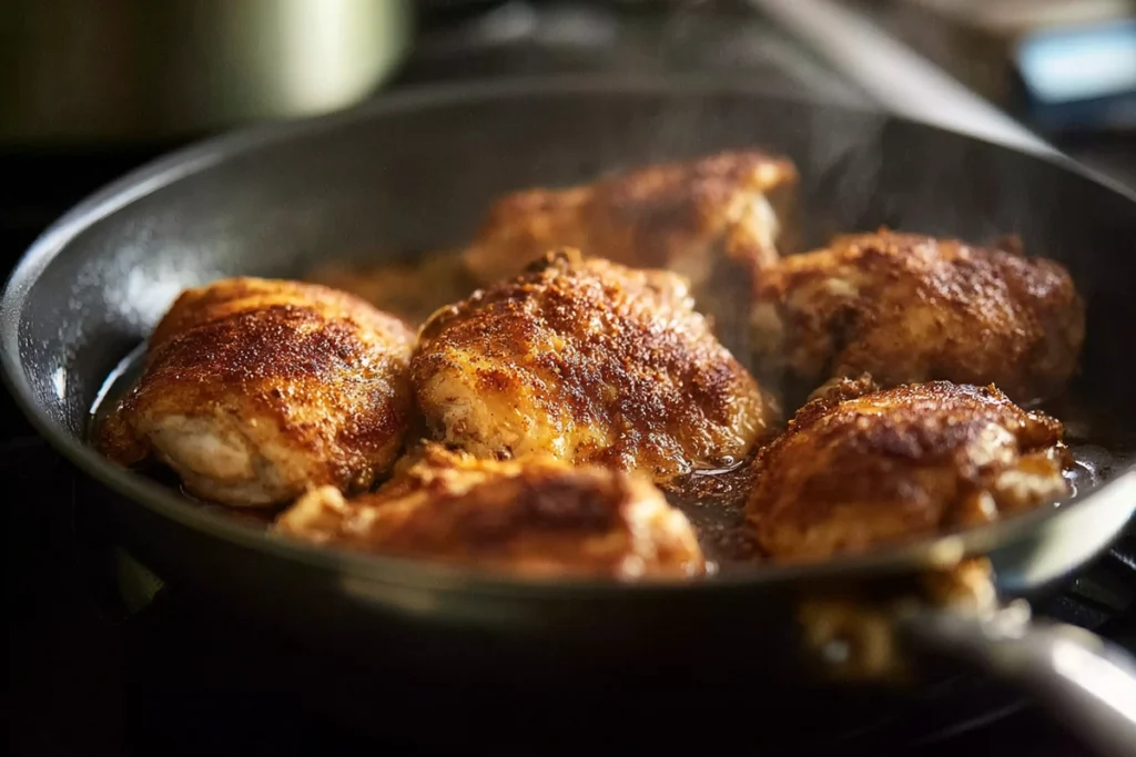 Chicken thighs searing in a skillet for chicken mole recipe