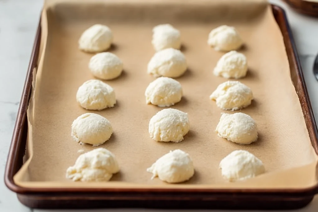 Cheesecake filling scooped and chilled for red velvet cheesecake balls