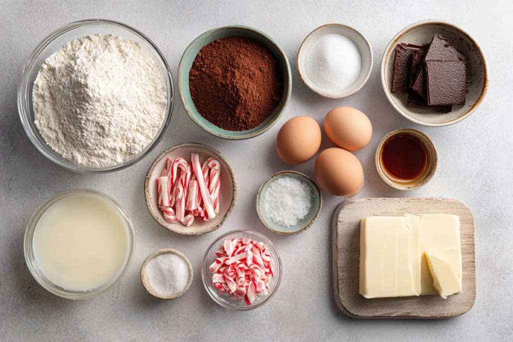 ingredients for chocolate peppermint cookie cups arranged overhead