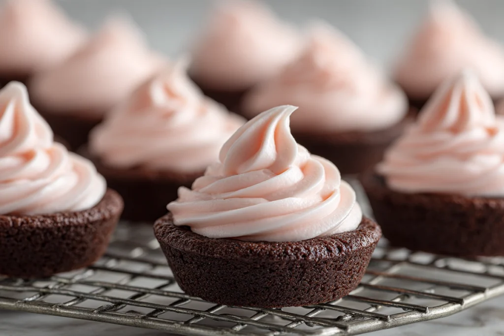 piping peppermint cheesecake filling into chocolate peppermint cookie cups