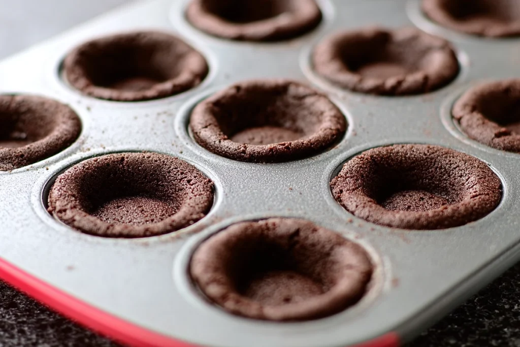 pressing centers of chocolate peppermint cookie cups while warm