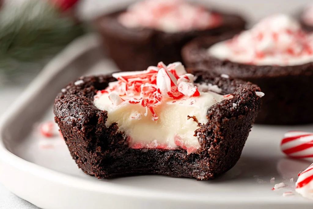 chocolate peppermint cookie cups with a bite taken showing creamy filling