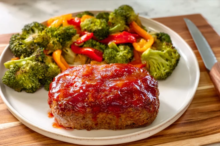 Classic glazed meatloaf with caramelized edges, roasted broccoli and red bell peppers on a tray in a modern kitchen