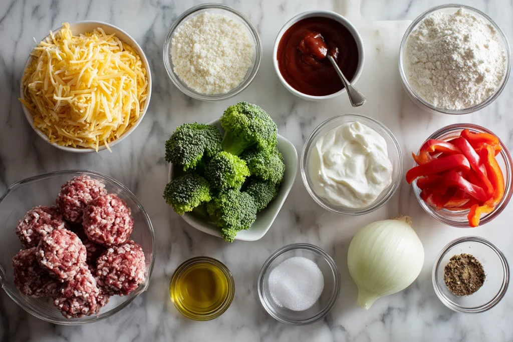 Overhead view of all ingredients for classic glazed meatloaf neatly arranged on a marble countertop