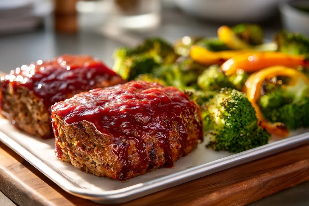 A slice of classic glazed meatloaf with perfectly roasted vegetables, ready to eat.