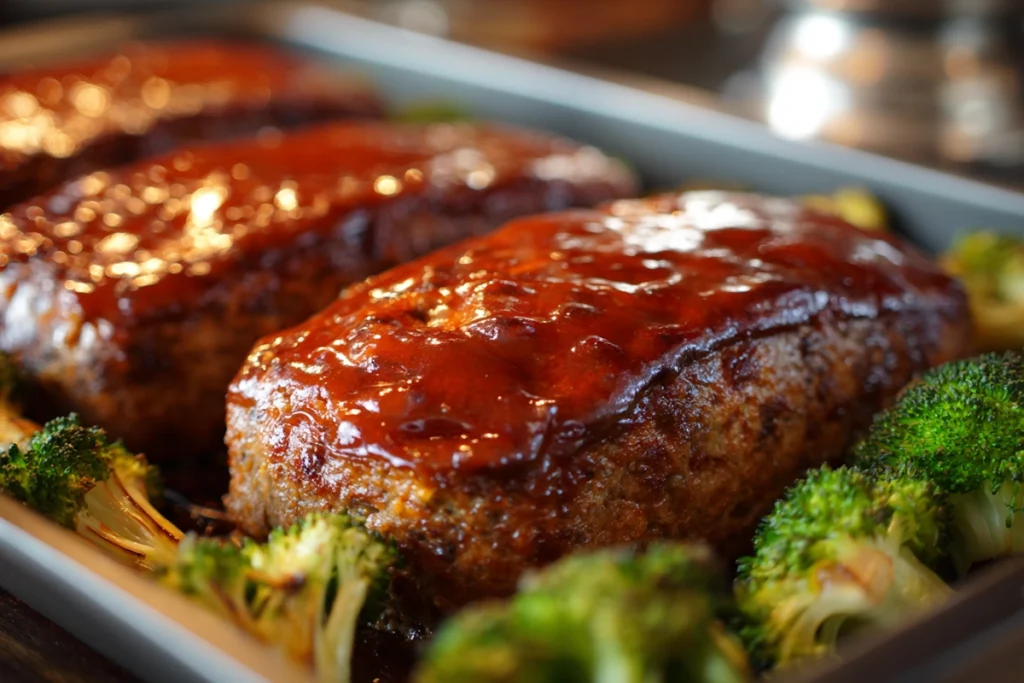 Classic glazed meatloaf loaves on a tray topped evenly with ketchup and brown sugar glaze