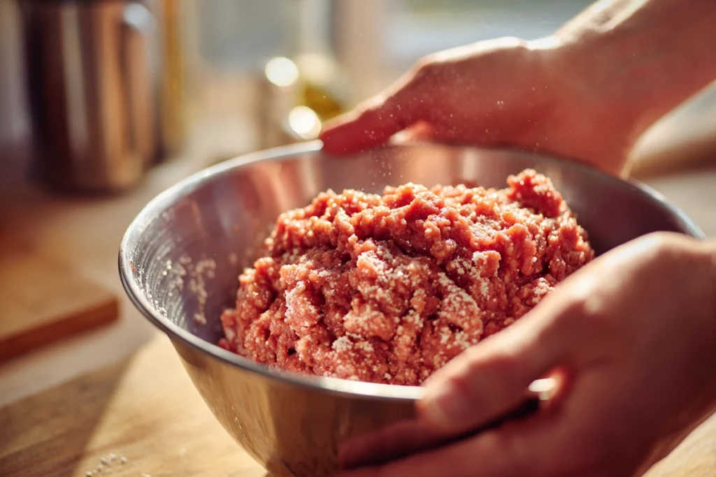 Ground beef, ricotta, and breadcrumbs being gently mixed in a bowl for classic glazed meatloaf