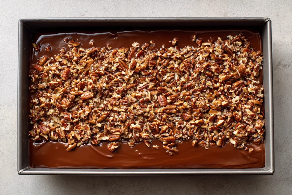 coconut pecan topping spread over german chocolate fudge