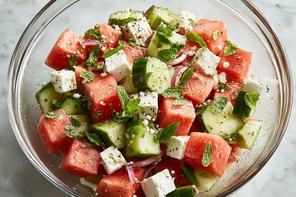 Mixing watermelon cucumber feta salad in a glass bowl