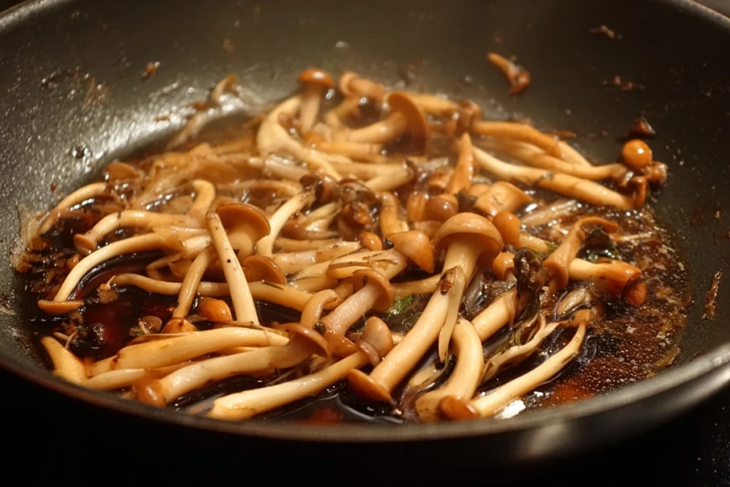 Seafood Mushrooms Stir-Fry That Feels Special but Stays Simple 9 seafood mushrooms cooking in skillet with light sauce