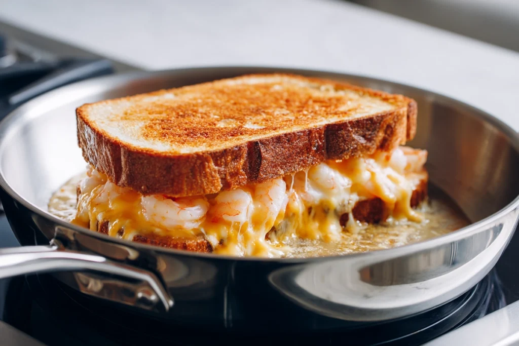 shrimp and garlic bread grilled cheese melting in a skillet
