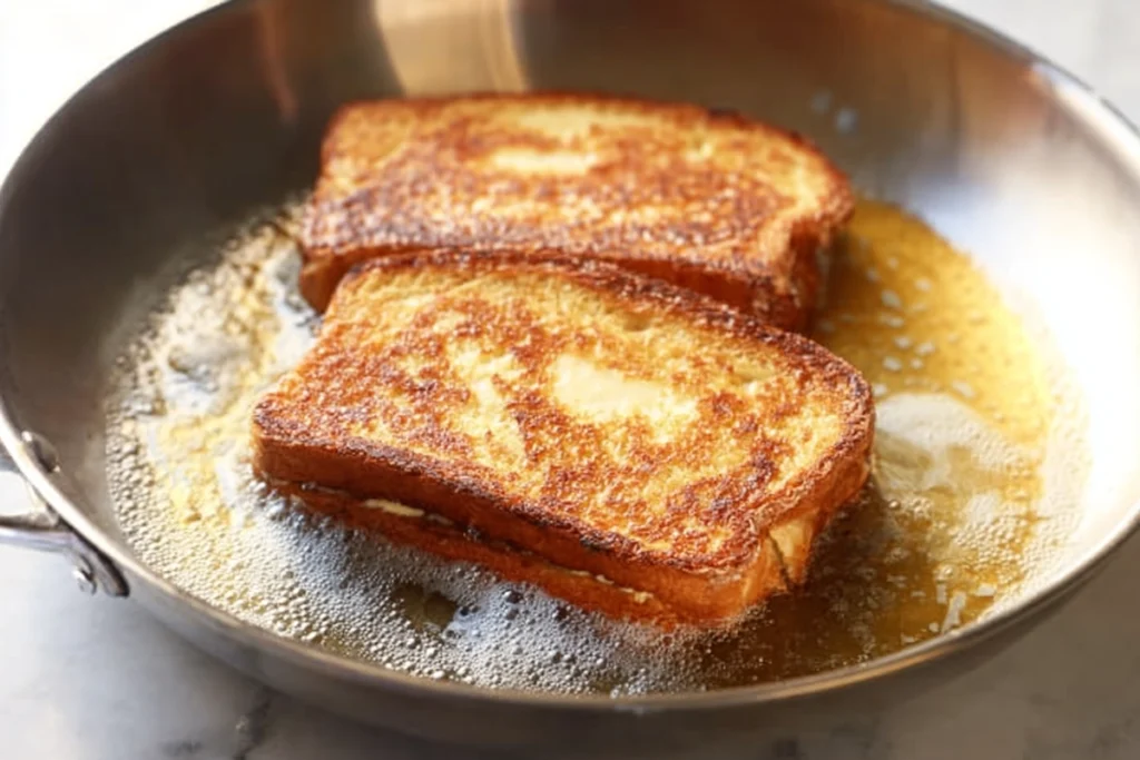 Strawberry Cheesecake Stuffed French Toast That Feels Like a Weekend Treat 7 Stuffed french toast cooking slowly until golden brown and perfectly set.