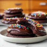 cosmic brownie cookies with chocolate ganache and colorful sprinkles on a plate