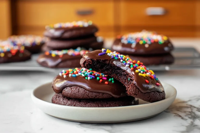 cosmic brownie cookies with chocolate ganache and colorful sprinkles on a plate