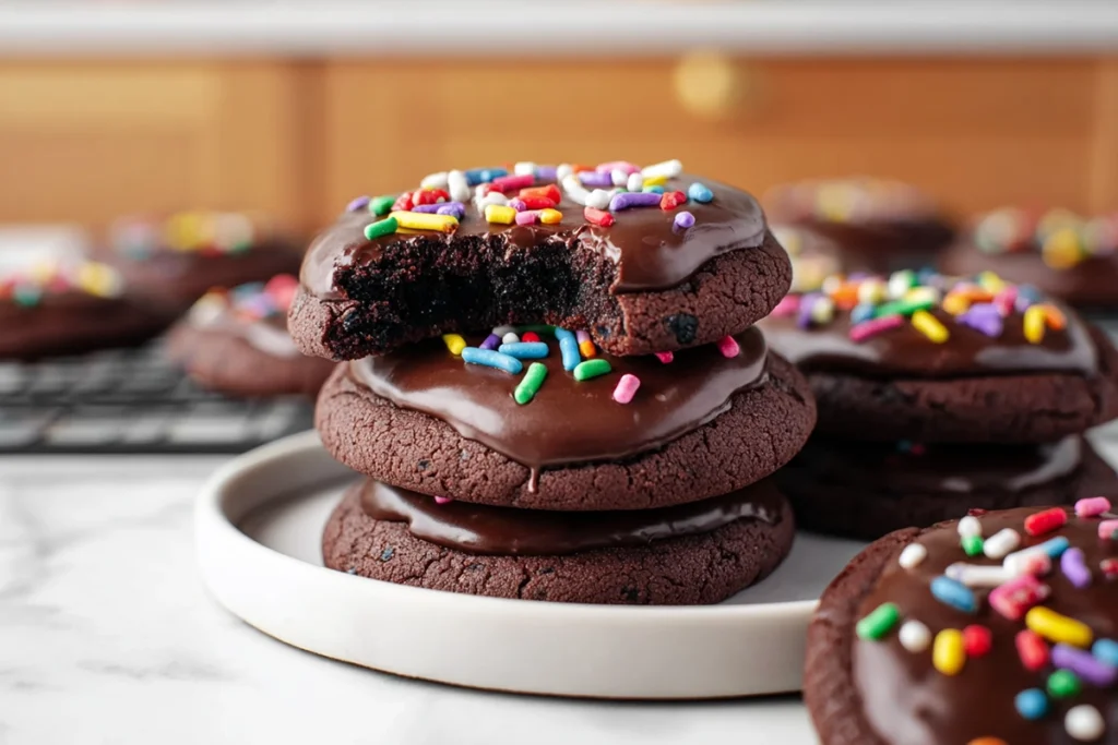 bitten cosmic brownie cookies showing fudgy chocolate center